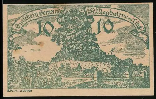 Notgeld St. Magdalena bei Linz, 10 Heller, ländliche Szene mit Baum und Menschenansammlung