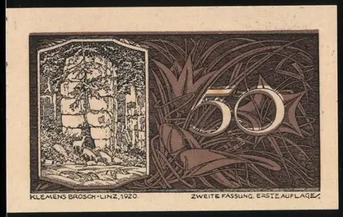 Notgeld St. Georgen an der Gusen 1920, 50 Heller, Naturmotiv mit Pflanzen und Felsenrelief