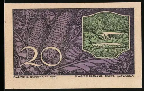 Notgeld St. Georgen a. d. Gusen 1920, 20 Heller, Maiskolben und Flusslandschaft