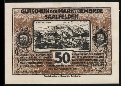 Notgeld Saalfelden 1921, 50 Heller, Berglandschaft und Portrait einer Frau in Tracht