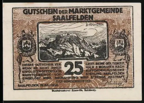 Notgeld Saalfelden 1920, 25 Heller, Birnhorn und Trachtenpaar, Wappen