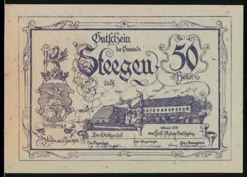 Notgeld Steegen /O. Oe. 1920, 50 Heller, Gasthaus mit Wappen und dekorativem Schriftzug