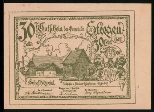 Notgeld Steegen /O.-Oe. 1920, 30 Heller, Bauernhof mit Wappen und Glocke im Hintergrund