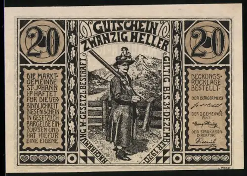 Notgeld St. Johann i. Pg. 1920, 20 Heller, Frau mit Gewehr und Lichtensteinklamm