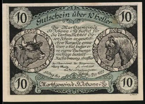 Notgeld St. Johann i. Pg. 1920, 10 Heller, Stier und Pferd, Berglandschaft mit Ortsansicht