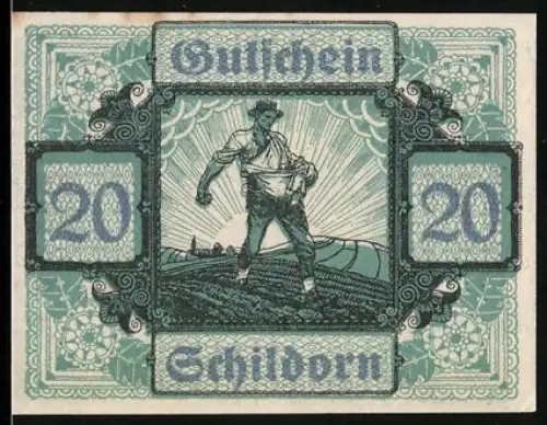 Notgeld Schildorn 1920, 20 Heller, Bauer auf Feld und landwirtschaftliche Werkzeuge