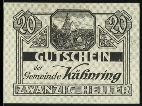 Notgeld Burgschleinitz-Kühnring 1920, Kühnring, 20 Heller, Kirche und Landschaftsmotiv