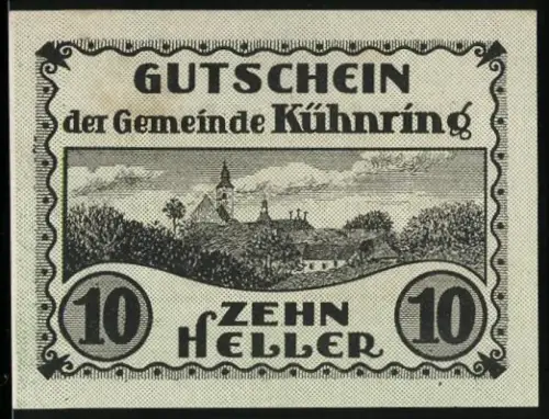 Notgeld Burgschleinitz-Kühnring 1920, Kühnring, 10 Heller, Landschaft mit Ortsansicht und Kirche