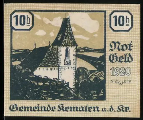 Notgeld Kematen /Krems 1920, 10 Heller, Kirche und Mann mit Stock und Tier