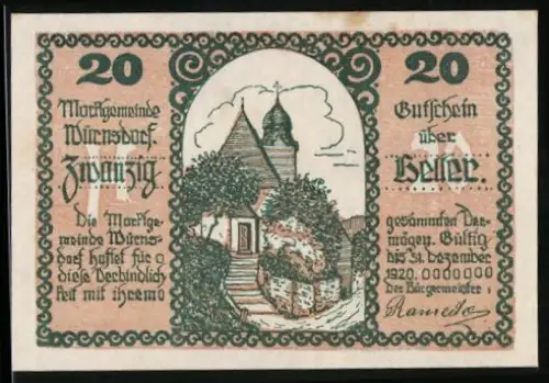 Notgeld Würnsdorf 1920, 20 Heller, Kirche mit Gartenansicht