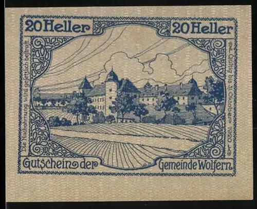 Notgeld Wolfern 1920, 20 Heller, Landschaft mit Schloss und Feldern, verzierte Schrift und Muster