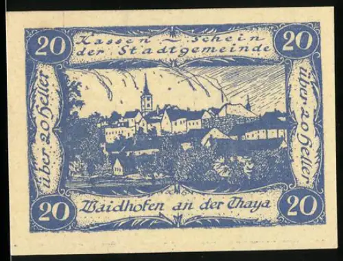 Notgeld Waidhofen a. d. Thaya 1920, 20 Heller, Ortsansicht mit Kirche und Flusslandschaft