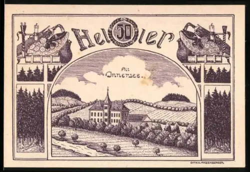 Notgeld Rottenbach /Oberösterreich, 50 Heller, Landschaft mit Gebäuden und Wäldern