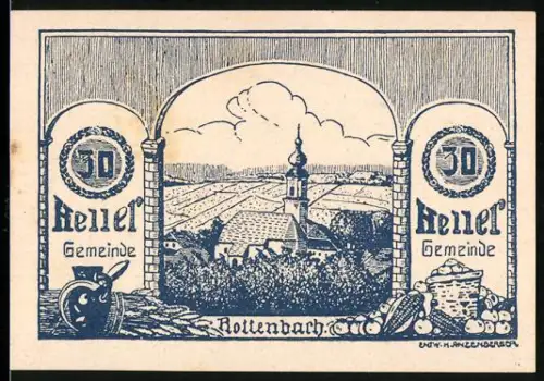 Notgeld Rottenbach /Oberösterreich, 30 Heller, Landschaft mit Kirche und landwirtschaftliche Produkte