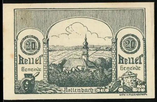Notgeld Rottenbach, 20 Heller, Dorflandschaft mit Kirche und landwirtschaftlichen Erzeugnissen