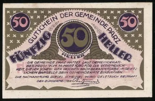 Notgeld Parz 1920, 50 Heller, Schloss Parz und dekoratives Design