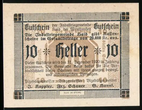 Notgeld Mauthausen, Haid, 10 Heller, Text mit Rahmenmuster und Hinweis auf gesetzliche Bestrafung bei Nachahmung