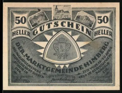 Notgeld Himberg 1920, 50 Heller, Wappen und Gebäudeansichten