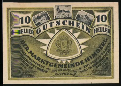 Notgeld Himberg 1920, 10 Heller, Wappen und Gebäudeansicht
