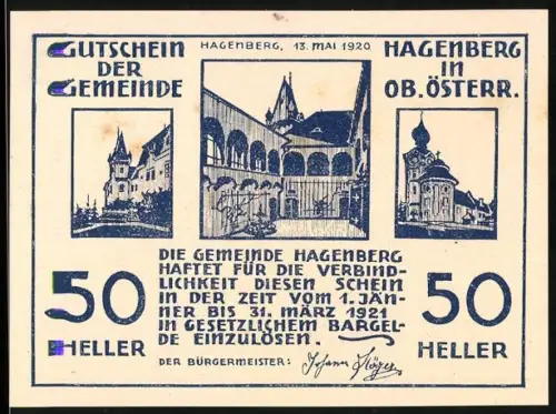Notgeld Hagenberg in Ob.Österr. 1920, 50 Heller, Gebäudeansichten und Pflügender Bauer mit Pferd
