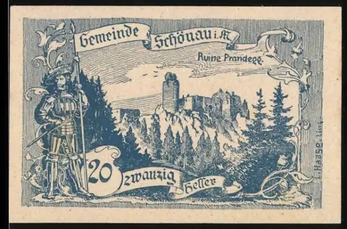 Notgeld Schönau i. M. 1920, 20 Heller, Ruine Prandegg mit Ritter in Rüstung