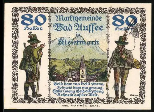 Notgeld Bad Aussee in Steiermark 1920, 80 Heller, Landschaft mit Jägern und Wappen mit Fisch und Türmen