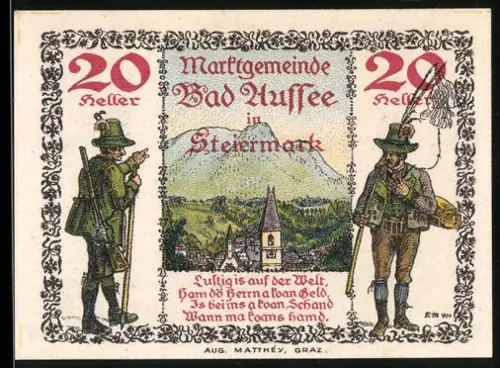Notgeld Bad Aussee in Steiermark 1920, 20 Heller, Landschaft mit Jägern und Wappen mit Fischen und Fässern