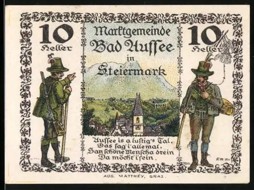 Notgeld Bad Aussee in Steiermark 1920, 10 Heller, Trachtenträger und Landschaft, Wappen mit Fischen und Körben