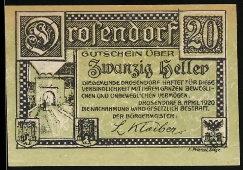Notgeld Drosendorf a.d. Thaya 1920, 20 Heller, Stadttor und Landschaftsansicht mit Burg