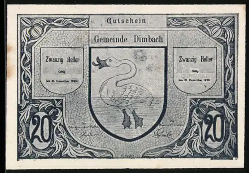 Notgeld Dimbach 1920, 20 Heller, Schwan im Wappen