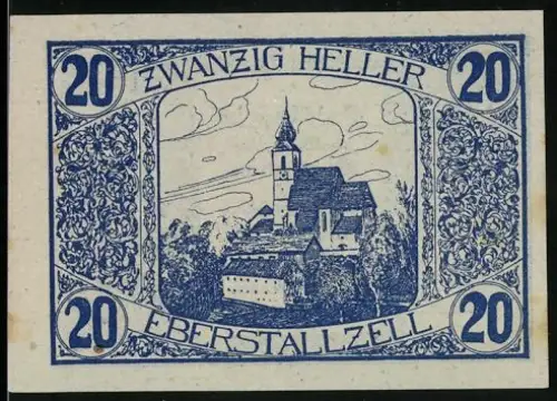 Notgeld Eberstallzell 1920, 20 Heller, Kirche und Bauer mit Wappen