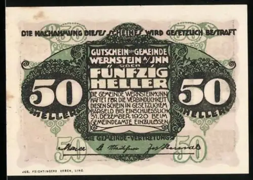 Notgeld Wernstein a. Inn 1920, 50 Heller, Landschaftsmotiv mit Flussansicht