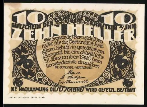 Notgeld Wernstein a. Inn 1920, 10 Heller, Johannesfelsen im Inn