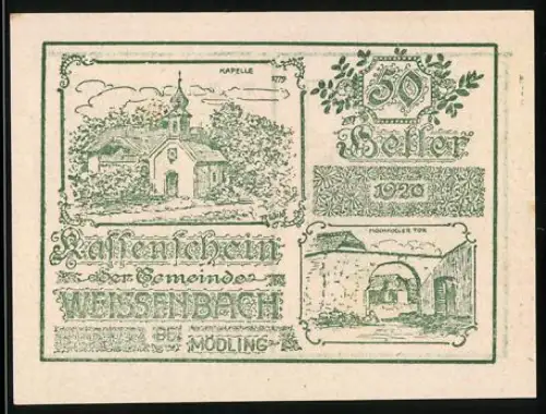 Notgeld Weissenbach bei Mödling 1920, 50 Heller, Kapelle und Johannstein