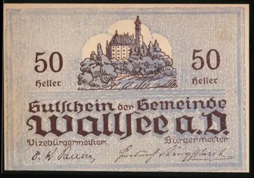 Notgeld Wallsee a. D. 1920, 50 Heller, Schloss und Wappen mit Fischmotiv