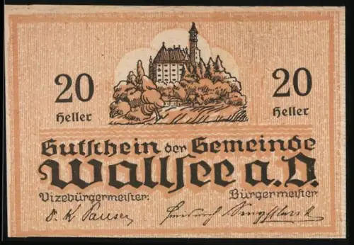 Notgeld Wallsee a. D. 1920, 20 Heller, Schloss und Fischmotiv