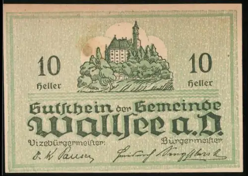 Notgeld Wallsee a. D. 1920, 10 Heller, Schloss und Wappen mit Fischmotiv