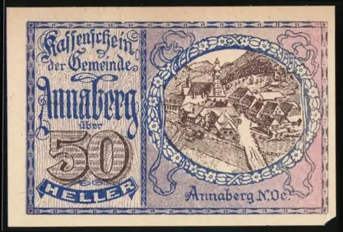 Notgeld Annaberg /N.Ö. 1920, 50 Heller, Dorflandschaft mit Kirche