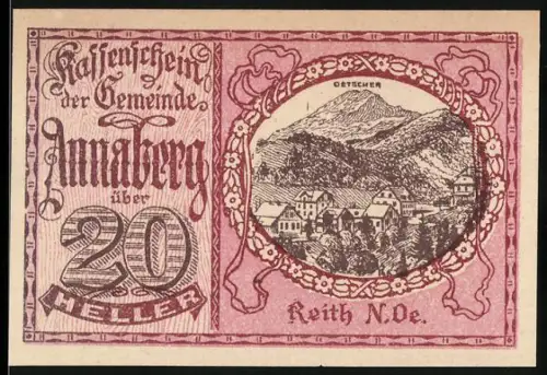 Notgeld Annaberg /N.Ö. 1920, 20 Heller, Ansicht des Ötschers mit Ort im Vordergrund