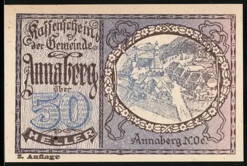 Notgeld Annaberg /N.Ö. 1920, 50 Heller, Ortsansicht mit Kirche und Bergen im Ovalrahmen