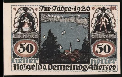 Notgeld Attersee 1920, 50 Heller, See mit Segelbooten und Figuren in Tracht