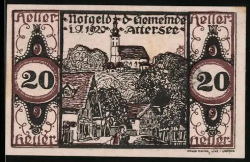 Notgeld Attersee 1920, 20 Heller, Dorflandschaft mit Kirche und Fachwerkhäusern