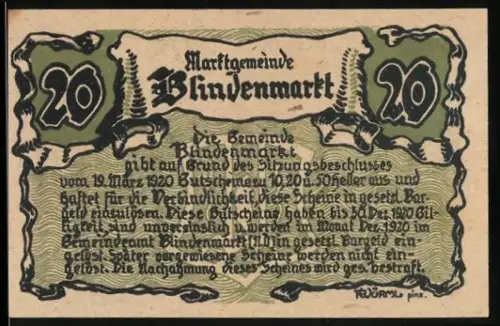 Notgeld Blindenmarkt 1920, 20 Heller, Kirche und Wellenmuster, mit Wappen