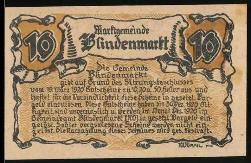 Notgeld Blindenmarkt 1920, 10 Heller, Kirchturm und Wappen