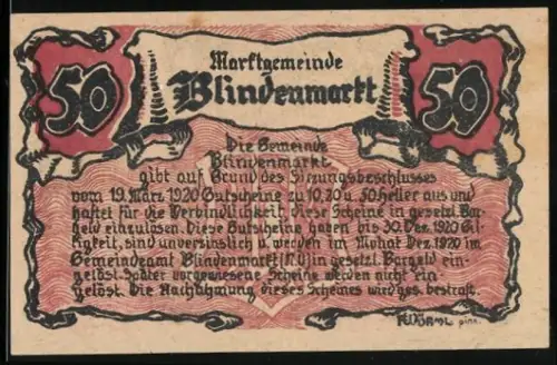 Notgeld Blindenmarkt 1920, 50 Heller, Gebäude und Wappen