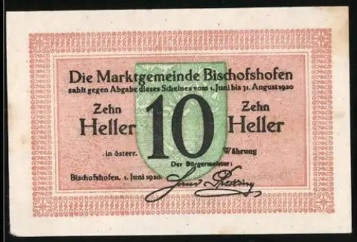 Notgeld Bischofshofen 1920, 10 Heller, Text und Signaturen im Rahmenmuster