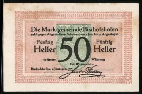 Notgeld Bischofshofen 1930, 50 Heller, Wappen und Signatur