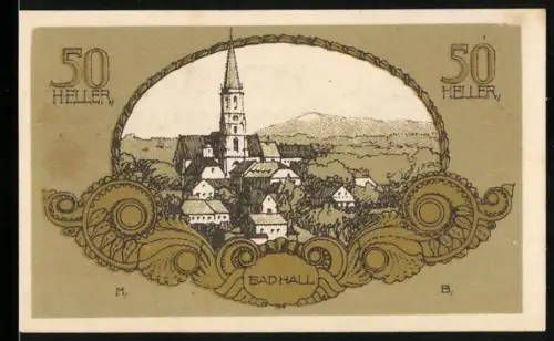 Notgeld Bad Hall /O.Ö 1920, 50 Heller, Ortsansicht mit Kirche und Landschaft, Wappen des es