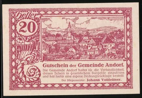 Notgeld Andorf 1920, 20 Heller, Ortsansicht mit Kirche und Landschaft