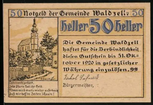 Notgeld Waldzell 1920, 50 Heller, Kirche und Landschaftsszene
